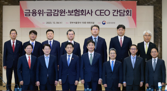 김주현 금융위원장 등이 6일 서울 종로구 서울정부청사에서 열린 보험사 최고경영자(CEO)와의 간담회에 앞서 기념 촬영하고 있다. 사진 앞 줄 왼쪽부터 홍원학 삼성생명 사장, 정희수 생명보험협회장, 김주현 위원장, 이복현 금융감독원장, 정지원 손해보험협회장, 조용일 현대해상 대표, 이문화 삼성화재 사장. 뒷 줄 왼쪽부터 윤해진 NH농협생명 대표, 이영종 신한라이프 대표, 편정범 교보생명 대표, 여승주 한화생명 대표, 정종표 DB손해보험 대표, 김중현 메리츠화재 대표, 김기환 KB손해보험 대표. 금융위원회 제공